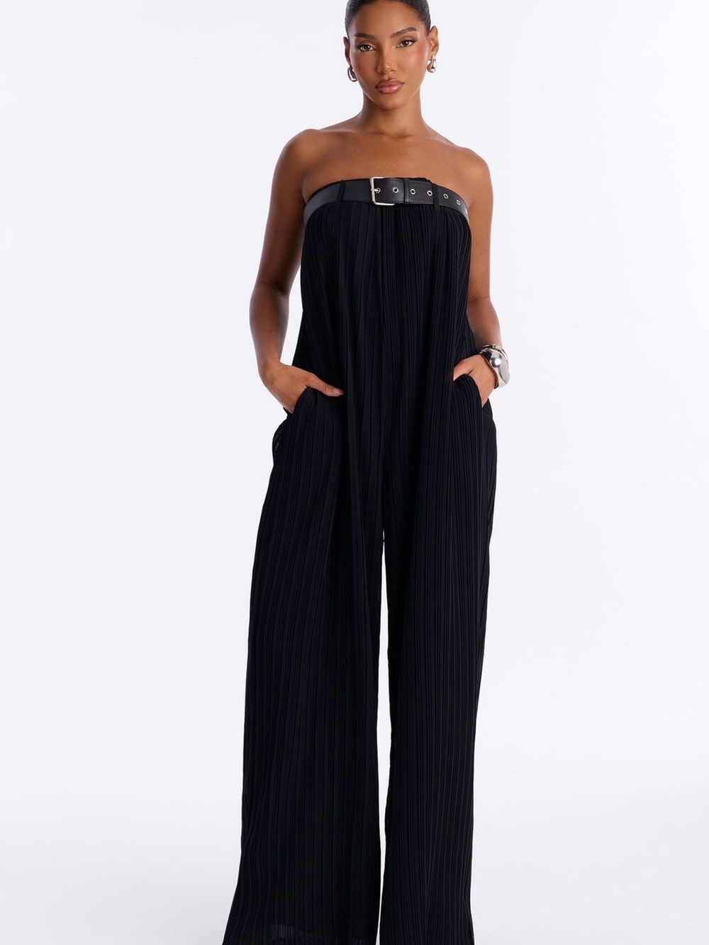 Fashion Nova Black Strapless Pleated Wide-Leg Jumpsuit with Belt